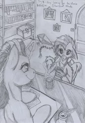 Size: 2400x3484 | Tagged: safe, artist:silverwindblade, derpibooru import, silverstream, starlight glimmer, pony, unicorn, bookshelf, chocolate, food, glowing horn, guidance counselor, horn, hot chocolate, inkwell, kite, magic, monochrome, mug, newbie artist training grounds, quill, sitting, smiling, starlight's office, telekinesis, traditional art