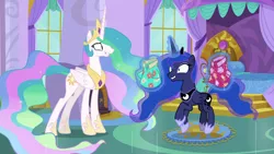 Size: 1920x1080 | Tagged: safe, derpibooru import, screencap, princess celestia, princess luna, alicorn, pony, between dark and dawn, bedroom, canterlot castle, clothes, cropped, crown, cute, didn't see that comin', duo, ethereal mane, ethereal tail, excited, faic, fake smile, female, flowing mane, flowing tail, folded wings, hawaiian shirt, hoof shoes, jewelry, levitation, lip bite, lunabetes, magic, mare, prancing, princess celestia's bedroom, regalia, royal sisters, shirt, shrunken pupils, siblings, sisters, telekinesis, trotting, trotting in place, unsure, wings