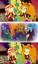 Size: 1920x3202 | Tagged: safe, artist:xan-gelx, derpibooru import, edit, screencap, adagio dazzle, aria blaze, sonata dusk, sunset shimmer, equestria girls, equestria girls series, rainbow rocks, sunset's backstage pass!, spoiler:eqg series (season 2), apple, blank eyes, clothes, digging through trash, disgusted, female, food, geode of empathy, glowing eyes, hoodie, hungry, magical geodes, meme, sunset sees things, sweater, template, the dazzlings, trash can, trio, trio female, white eyes, wide eyes