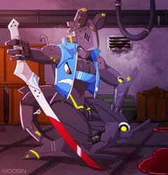 Size: 1920x2000 | Tagged: anthro, artist:mopyr, blood, clothes, cyborg, derpibooru import, female, jacket, oc, oc:shaerkell, original species, science fiction, semi-grimdark, shark, shark pony, solo, sports bra, sword, unofficial characters only, weapon