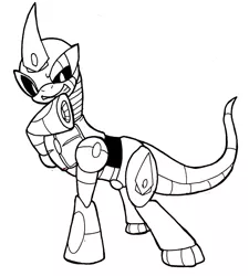 Size: 759x845 | Tagged: safe, artist:tinker-tock, derpibooru import, oc, oc:chaoscroc, ponified, unofficial characters only, pony, robot, robot pony, lineart, monochrome, raised hoof, solo, thinking