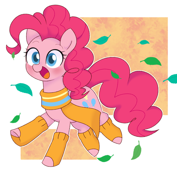 Size: 1175x1200 | Tagged: safe, artist:ch-chau, derpibooru import, pinkie pie, earth pony, pony, abstract background, autumn, clothes, cute, diapinkes, female, happy, leaf, leaves, leg warmers, mare, open mouth, scarf, smiling, solo