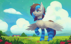 Size: 800x502 | Tagged: safe, artist:rodrigues404, derpibooru import, oc, oc:mareana sweetie, unofficial characters only, bat pony, pegasus, pony, animated, chest fluff, clothes, fangs, female, gift art, mare, smiling, socks, solo, stockings, striped socks, thigh highs, wind