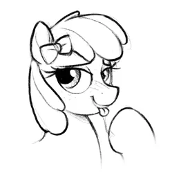 Size: 1465x1472 | Tagged: suggestive, artist:selenophile, deleted from derpibooru, derpibooru import, apple bloom, pony, bedroom eyes, bow, cute, lip bite, monochrome, older, older apple bloom, sketch, solo, tongue out