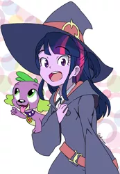 Size: 690x1000 | Tagged: safe, artist:leone di cielo, derpibooru import, spike, spike the regular dog, twilight sparkle, dog, equestria girls, akko kagari, anime, clothes, cosplay, costume, female, hat, little witch academia, male, witch, witch hat