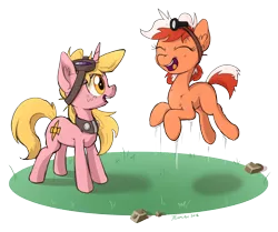 Size: 1280x1072 | Tagged: safe, artist:tehflah, derpibooru import, oc, oc:rosa aurata, oc:ruby streak, unofficial characters only, earth pony, pony, duo, goggles, jumping, solo