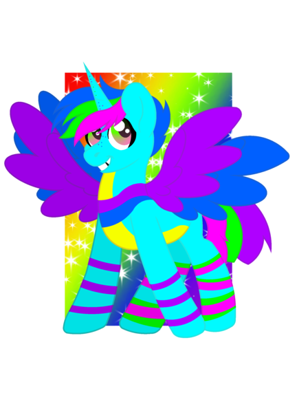 Size: 1800x2500 | Tagged: safe, artist:ponkus, derpibooru import, oc, oc:cory sprinkles, unofficial characters only, alicorn, pony, alicorn oc, double wings, edgy, horn, multiple wings, original character do not steal, rainbow, solo, wings