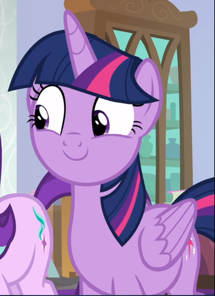 Size: 681x940 | Tagged: safe, derpibooru import, screencap, starlight glimmer, twilight sparkle, twilight sparkle (alicorn), alicorn, pony, unicorn, sparkle's seven, cropped, cute, female, mare, offscreen character, smiling, solo focus, twiabetes