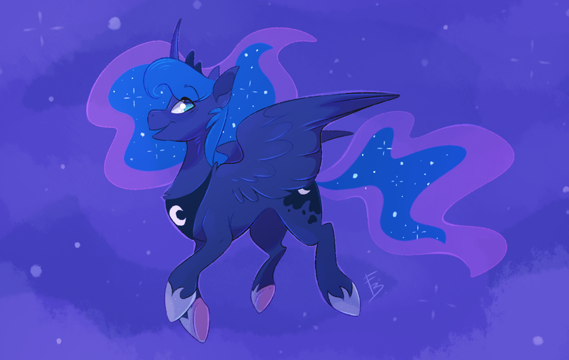 Size: 1735x1100 | Tagged: safe, artist:freckledbastard, derpibooru import, princess luna, alicorn, pony, chest fluff, cute, eye clipping through hair, female, flying, hoof shoes, lunabetes, mare, night, open mouth, profile, solo