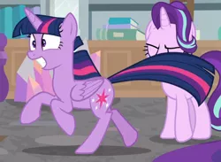 Size: 1108x811 | Tagged: safe, derpibooru import, screencap, starlight glimmer, twilight sparkle, twilight sparkle (alicorn), alicorn, pony, unicorn, sparkle's seven, cropped, excited, eyes closed, faic, female, galloping, mare, shrunken pupils, solo focus