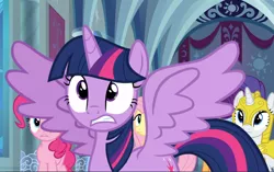 Size: 1494x939 | Tagged: safe, derpibooru import, screencap, fluttershy, pinkie pie, rarity, twilight sparkle, twilight sparkle (alicorn), alicorn, earth pony, pegasus, pony, unicorn, sparkle's seven, cropped, female, mare, royal guard rarity, shocked, solo focus, spread wings, wings