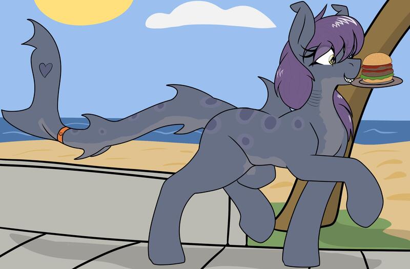 Size: 2500x1642 | Tagged: safe, artist:codras, derpibooru import, oc, oc:spring tide, unofficial characters only, original species, pony, shark, shark pony, beach, burger, female, food, gills, mare, mouth hold, plate, solo, walking