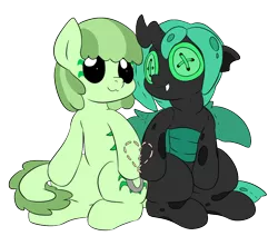 Size: 822x698 | Tagged: artist:dudey64, button eyes, derpibooru import, green changeling, heart, oc, oc:mint chisel, oc:speculo, original species, plushie, plush pony, safe, sewn together, simple background, sitting, smiling, transparent background, unofficial characters only