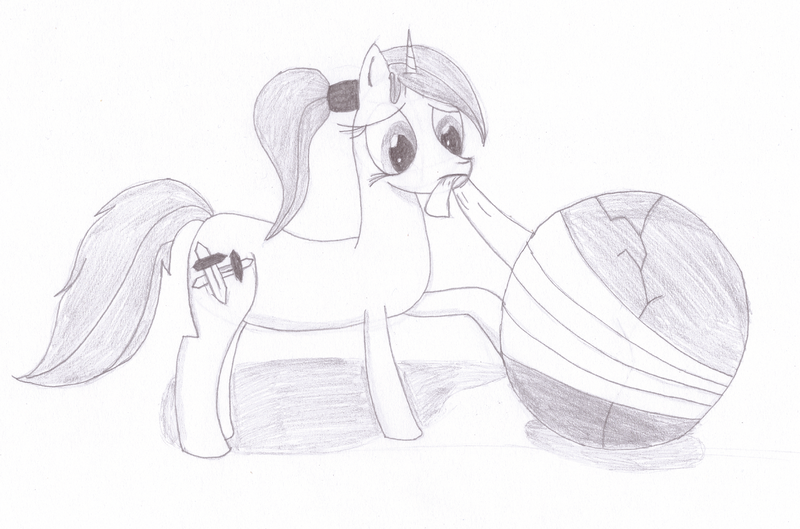 Size: 2048x1353 | Tagged: safe, artist:ragmo, derpibooru import, oc, unofficial characters only, pony, unicorn, atg 2019, bandage, female, monochrome, newbie artist training grounds, simple background, standing, traditional art