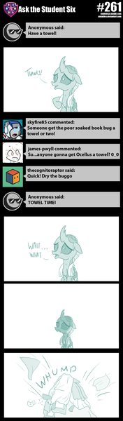 Size: 800x2732 | Tagged: artist:sintakhra, buried, buried alive, changedling, changeling, derpibooru import, female, ocellus, oh crap, post-it, safe, solo, this ended in pain, towel, tumblr:studentsix, wet, whump