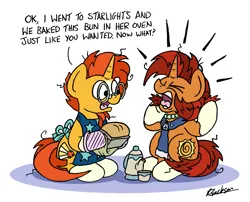 Size: 1927x1558 | Tagged: safe, artist:bobthedalek, derpibooru import, stellar flare, sunburst, pony, unicorn, angry, apron, atg 2019, bread, clothes, cup, dialogue, duo, exact words, female, food, implied shipping, implied starburst, implied starlight glimmer, implied straight, literal, male, mare, messy mane, misunderstanding, mother and child, mother and son, naked apron, newbie artist training grounds, oven mitts, painfully innocent sunburst, pun, reeee, screaming, sexually oblivious, sitting, sons gonna son, stallion, stellar flare is not amused, sunburst is a goddamn genius, sunburst is a goddamn moron, teacup, teapot, that pony sure does want grandfoals, trolling, visual pun