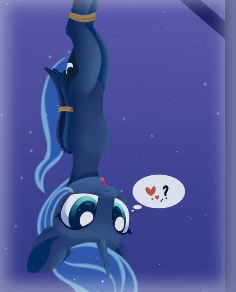 Size: 1377x1701 | Tagged: safe, artist:dusthiel, derpibooru import, princess luna, alicorn, pony, atg 2019, bondage, bound wings, cute, female, hanging, hanging upside down, heart, lunabetes, newbie artist training grounds, open mouth, pictogram, rope, solo, speech bubble, thought bubble, tied up, upside down, wings