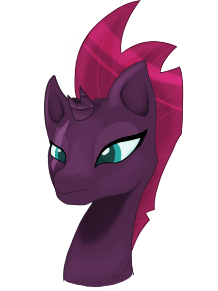 Size: 1280x1707 | Tagged: safe, artist:crystal-creations, derpibooru import, tempest shadow, pony, beautiful, broken horn, bust, cracked horn, eye scar, frown, horn, lidded eyes, mohawk, no more ponies at source, portrait, scar, simple background, solo, white background