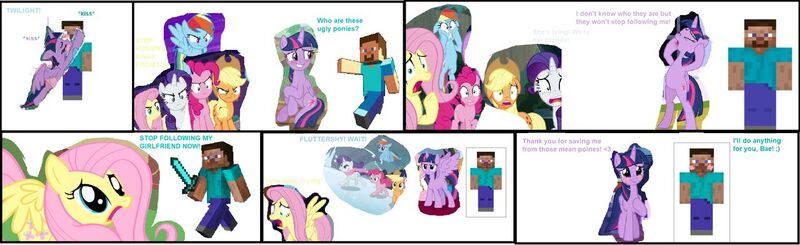 Size: 1280x392 | Tagged: 1000 hours in ms paint, alicorn, amending fences, angry, applejack, artist:mlpcutecrossovers, bipedal, blushing, cropped, crossover, crossover shipping, crying, derpibooru import, edit, edited screencap, embarrassed, father knows beast, female, fluttershy, happy, kissing, liar, lies, male, minecraft, out of character, party of one, pinkie pie, rainbow dash, rarity, running, safe, scared, school raze, screencap, shipping, shocked, sparkle's seven, steve, stevelight, straight, the beginning of the end, the crystal empire, the point of no return, twilight sparkle, twilight sparkle (alicorn), worried