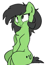 Size: 367x524 | Tagged: safe, artist:lockhe4rt, artist:luzion, derpibooru import, editor:luzion, oc, oc:anonfilly, unofficial characters only, earth pony, pony, belly fluff, chest fluff, colored, female, filly, freckles, looking up, monochrome, question mark, simple background, sitting, sketch, smiling, smirk, solo, transparent background