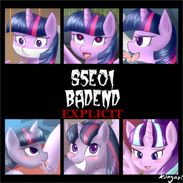 Size: 605x605 | Tagged: suggestive, artist:brownedtoast, derpibooru import, starlight glimmer, twilight sparkle, twilight sparkle (alicorn), alicorn, pony, unicorn, comic:starlight glimmer mind control, ahegao, alicornified, bad end, blushing, brainwashed, cloth gag, comic, comic cover, cropped, eyes rolling back, female, femdom, femsub, gag, heart eyes, hoof licking, licking, mind break, open mouth, race swap, s5 starlight, starlicorn, submissive, this will end in communism, tongue out, twisub, wingding eyes, xk-class end-of-the-world scenario