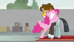 Size: 800x450 | Tagged: safe, derpibooru import, screencap, pinkie pie, sans smirk, earth pony, pony, the last laugh, animated, clothes, cute, diapinkes, duo, female, gif, implied cheese sandwich, male, mare, mask, stallion, suit