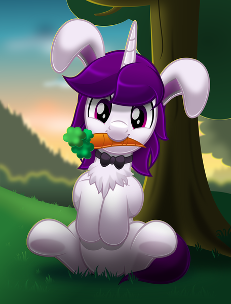 Size: 5500x7240 | Tagged: safe, artist:jhayarr23, derpibooru import, oc, oc:lapush buns, bunnycorn, pony, unicorn, bowtie, bunny ears, carrot, carrot in mouth, food, forest, looking at you, male, mouth hold, sitting, smiling, solo, stallion, tree, vector