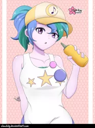 Size: 748x1000 | Tagged: safe, artist:clouddg, derpibooru import, summer solstice (character), equestria girls, equestria girls series, five lines you need to stand in, spoiler:eqg series (season 2), alternate hairstyle, baseball cap, breasts, busty summer solstice, cap, cute, eyebrows visible through hair, female, food, hat, looking at you, mustard, not celestia, sauce, solo