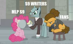 Size: 599x364 | Tagged: safe, derpibooru import, edit, edited screencap, screencap, cheese sandwich, pinkie pie, sans smirk, earth pony, pony, season 9, the last laugh, spoiler:s09, bald, clothes, cream pie, drama bait, female, male, mare, metaphor, pied, stallion, suit, sweater