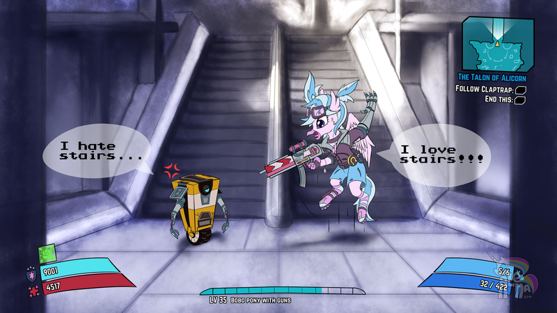 Size: 1536x864 | Tagged: artist:calena, assault rifle, borderlands 2, claptrap, classical hippogriff, clothes, crossover, derpibooru import, dialogue, duo, game, goggles, gun, hippogriff, interface, jewelry, mechromancer, rifle, robot, safe, safety goggles, silverstream, stairs, that hippogriff sure does love stairs, weapon