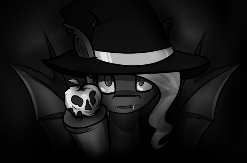 Size: 864x571 | Tagged: safe, artist:lockersnap, derpibooru import, oc, oc:wicked ways, bat pony, pony, black and white, grayscale, monochrome, solo