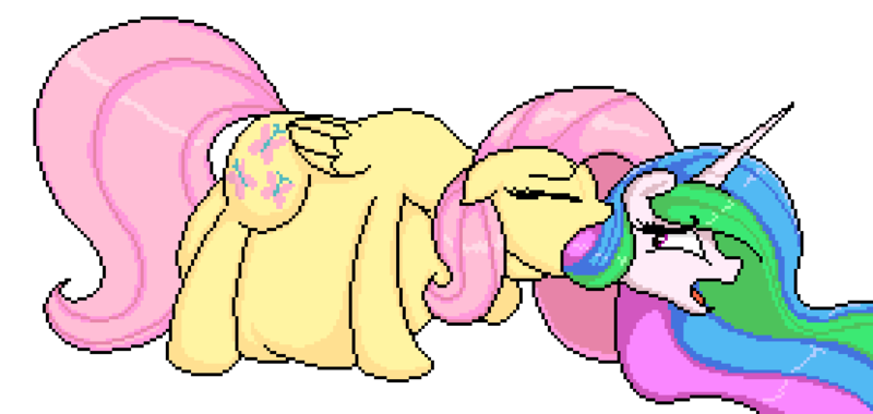 Size: 1106x525 | Tagged: questionable, artist:lepitch0un, derpibooru import, fluttershy, princess celestia, alicorn, pegasus, pony, belly, female, fetish, flutterpred, mare, pixel art, swallowing, vore