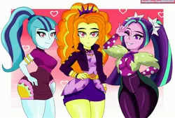 Size: 4146x2798 | Tagged: safe, artist:swagalicious-tony, derpibooru import, adagio dazzle, aria blaze, sonata dusk, equestria girls, equestria girls series, find the magic, spoiler:eqg series (season 2), bracelet, clothes, dress, female, headband, hips, jacket, jewelry, leather jacket, looking at you, one eye closed, pigtails, polka dots, ponytail, sexy, shorts, smiling, spiked headband, spiked wristband, stupid sexy adagio dazzle, stupid sexy aria blaze, stupid sexy dazzlings, stupid sexy sonata dusk, taco dress, the dazzlings, the dazzlings have returned, thick, thighs, trio, trio female, twintails, wide hips, wink, wristband