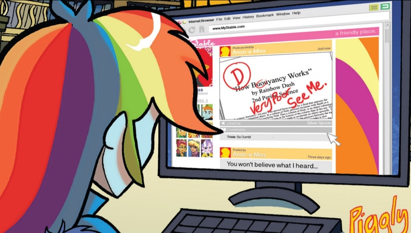 Size: 1440x818 | Tagged: safe, derpibooru import, edit, idw, babs seed, diamond tiara, ms. harshwhinny, rainbow dash, snails, snips, sunset shimmer, equestria girls, spoiler:comicholiday2014, computer, cropped, exploitable, facing away, internet, solo