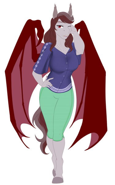 Size: 2063x3300 | Tagged: safe, artist:blackblood-queen, derpibooru import, oc, oc:scarlet quill, unofficial characters only, anthro, bat pony, unguligrade anthro, anthro oc, bat pony oc, bat wings, breasts, clothes, fangs, female, jewelry, mare, mother, necklace, pants, smiling, solo, wings