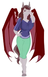 Size: 2063x3300 | Tagged: safe, artist:blackblood-queen, derpibooru import, oc, oc:scarlet quill, unofficial characters only, anthro, bat pony, unguligrade anthro, anthro oc, bat pony oc, bat wings, breasts, clothes, fangs, female, jewelry, mare, mother, necklace, pants, smiling, solo, wings