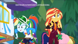 Size: 1280x720 | Tagged: suggestive, artist:wubcakeva, derpibooru import, edit, edited screencap, screencap, applejack, fluttershy, rainbow dash, sci-twi, sunset shimmer, twilight sparkle, equestria girls, equestria girls series, sunset's backstage pass!, spoiler:eqg series (season 2), accidental spanking, animated, blushing, clothes, geode of empathy, geode of super speed, implied adagio dazzle, implied lesbian, implied shipping, implied sunsagio, magical geodes, ouch, out of context, ponytail, rainbow dash's paddle, shorts, sound, spanking, webm