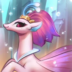 Size: 1200x1200 | Tagged: safe, artist:mirroredsea, derpibooru import, queen novo, pony, seapony (g4), my little pony: the movie, beautiful, bubble, bust, collar, colored pupils, crepuscular rays, crown, cute, digital art, eyelashes, eyeshadow, female, fin wings, fins, flowing mane, glow, image, jewelry, jpeg, lidded eyes, looking at you, makeup, novobetes, ocean, portrait, profile, purple eyes, purple wings, queen, regalia, seaquestria, smiling, smiling at you, solo, sunlight, swimming, underwater, water, wings