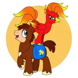 Size: 800x800 | Tagged: safe, artist:perfectpinkwater, derpibooru import, ponified, classical hippogriff, earth pony, hippogriff, pony, backpack, bag, banjo kazooie, banjo the bear, classical hippogriffied, duo, female, hippogriffied, jiggie, kazooie, male, saddle bag, simple background, species swap, stallion, super smash bros., super smash bros. ultimate