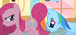 Size: 1335x620 | Tagged: safe, derpibooru import, screencap, pinkie pie, rainbow dash, earth pony, pegasus, pony, party of one, season 1, angry, animated, butt, cute, female, gif, gritted teeth, mare, out of context, pinkamena diane pie, pushing, reversed, rump push