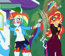 Size: 675x584 | Tagged: suggestive, artist:crippling depression, derpibooru import, rainbow dash, sci-twi, sunset shimmer, twilight sparkle, equestria girls, equestria girls series, sunset's backstage pass!, spoiler:eqg series (season 2), accidental spanking, ahegao, alternate hairstyle, beanbrows, bedroom eyes, blushing, breasts, bunset shimmer, butt, clenched fist, drool, embarrassed, eyebrows, holding, meep, moaning, moaning in pleasure, o-face, onomatopoeia, open mouth, ponytail, rainbutt dash, scene interpretation, shocked, shrunken pupils, spanking, sweat, sweatdrop, thicc ass, tongue out, yelling