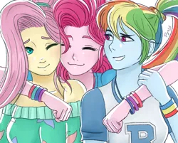 Size: 670x540 | Tagged: safe, artist:pyroprye, derpibooru import, fluttershy, pinkie pie, rainbow dash, equestria girls, equestria girls series, bracelet, clothes, colored eyebrows, cute, dashabetes, diapinkes, eyes closed, female, hug, jewelry, one eye closed, ponytail, shyabetes, smiling, trio, trio female