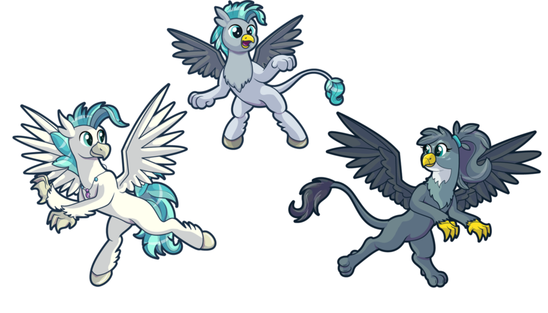 Size: 1601x914 | Tagged: safe, artist:moonlightfan, derpibooru import, gabby, terramar, oc, classical hippogriff, gryphon, hippogriff, hippogriffon, hybrid, family, female, gabbymar, griffon oc, interspecies offspring, male, next generation, offspring, older, older gabby, older terramar, parent:gabby, parents:gabbymar, parent:terramar, ponytail, shipping, spread wings, straight, trio, wings