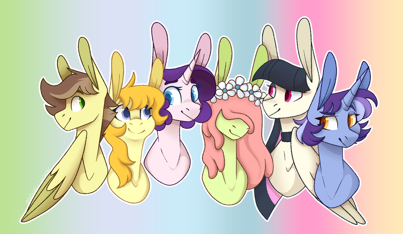 Size: 1960x1142 | Tagged: safe, artist:connorbal, derpibooru import, oc, oc:dust devil, oc:flower child, oc:hayday, oc:knowit all, oc:radio star, oc:sequin sparkles, earth pony, pegasus, pony, unicorn, big ears, female, magical gay spawn, magical lesbian spawn, male, mare, offspring, parent:braeburn, parent:carrot top, parent:derpy hooves, parent:fluttershy, parent:pinkie pie, parent:rainbow dash, parent:rarity, parent:soarin', parent:songbird serenade, parent:starlight glimmer, parent:tree hugger, parent:trixie, parents:derpytop, parents:flutterhugger, parents:raripie, parents:soarburn, parents:startrix, stallion