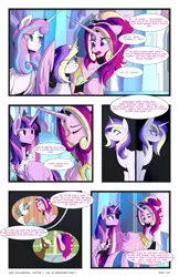 Size: 2301x3549 | Tagged: safe, artist:darlyjay, derpibooru import, princess cadance, princess flurry heart, twilight sparkle, twilight sparkle (alicorn), oc, oc:heartbeat, alicorn, pony, unicorn, comic:save the harmony, comic, crystal empire, offspring, older, parent:princess cadance, parent:shining armor, parents:shiningcadance