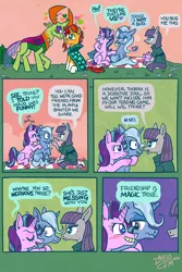 Size: 1280x1920 | Tagged: safe, artist:coyotecoyote, derpibooru import, maud pie, starlight glimmer, sunburst, thorax, trixie, changedling, changeling, earth pony, pony, unicorn, blushing, comic, cup, dialogue, everyone is gay for sunburst, female, gay, heart eyes, king thorax, lesbian, male, picnic, shipping, startrix, teacup, thoraxburst, wingding eyes