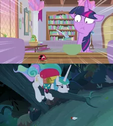 Size: 1280x1422 | Tagged: alektorophobia, alicorn, between dark and dawn, bird, chicken, coccinellidaephobia, derpibooru import, insect, ladybug, phobia, princess celestia, safe, scared, screencap, spoiler:interseason shorts, starlight the hypnotist, that princess sure is afraid of chickens, twilight hates ladybugs, twilight sparkle, twilight sparkle (alicorn)