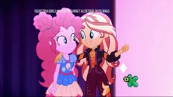 Size: 1366x768 | Tagged: safe, derpibooru import, screencap, pinkie pie, sunset shimmer, equestria girls, equestria girls series, sunset's backstage pass!, spoiler:eqg series (season 2), best friends, female, geode of empathy, geode of sugar bombs, magical geodes, music festival outfit