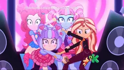 Size: 1366x768 | Tagged: safe, derpibooru import, screencap, kiwi lollipop, pinkie pie, sunset shimmer, supernova zap, equestria girls, equestria girls series, sunset's backstage pass!, spoiler:eqg series (season 2), amplifier, female, fight, k-lo, looking at you, music festival outfit, postcrush, shrunken pupils, stage, su-z, time twirler