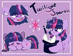 Size: 2600x2000 | Tagged: safe, artist:etoz, derpibooru import, part of a set, twilight sparkle, twilight sparkle (alicorn), alicorn, pony, rabbit, alternate hairstyle, animal, blushing, braid, chibi, cute, ear fluff, eye clipping through hair, female, happy, hat, horn, magic, mare, open mouth, simple background, sleeping, smiling, top hat, trick, twiabetes, unshorn fetlocks, wings